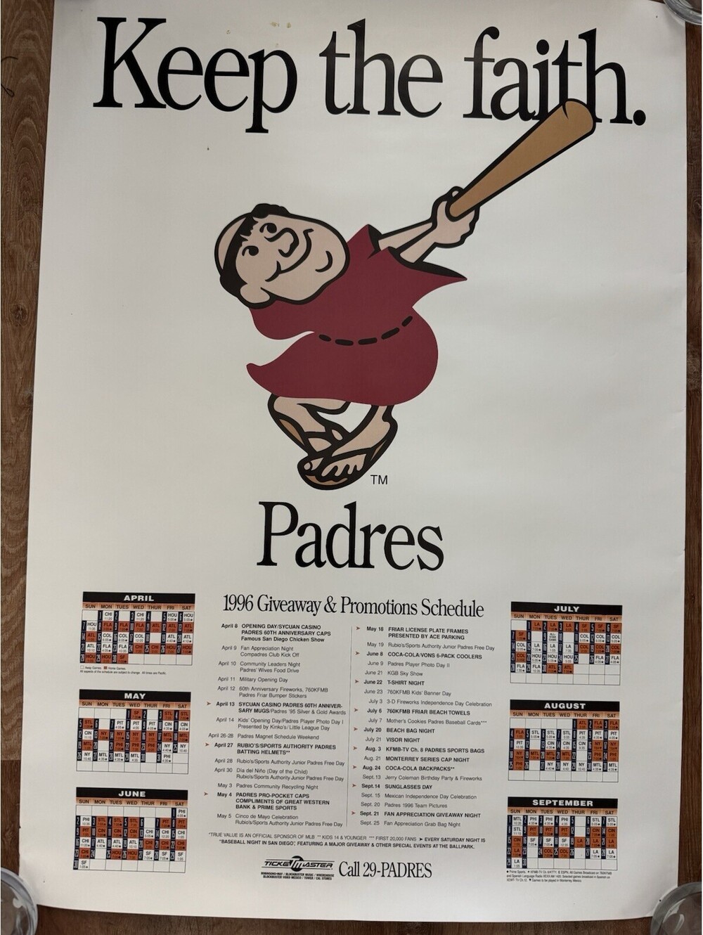 Vintage 1996 San Diego Padres Keep the Faith Swinging Friar Schedule Poster